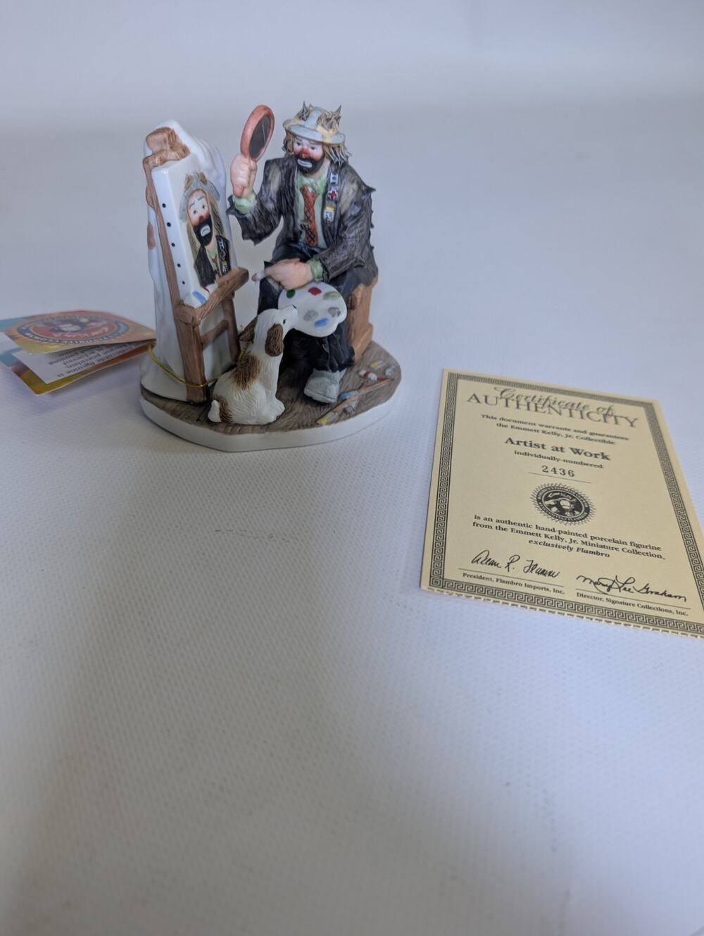 1990 Emmett Kelly Jr. Flambro CLOWN "ARTIST AT WORK" #9874 Wooden Base w/COA MIB